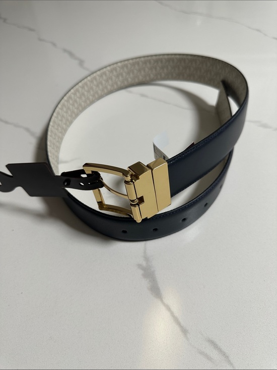 Michael Kors Logo Print Reversible Belt with Gold Buckle